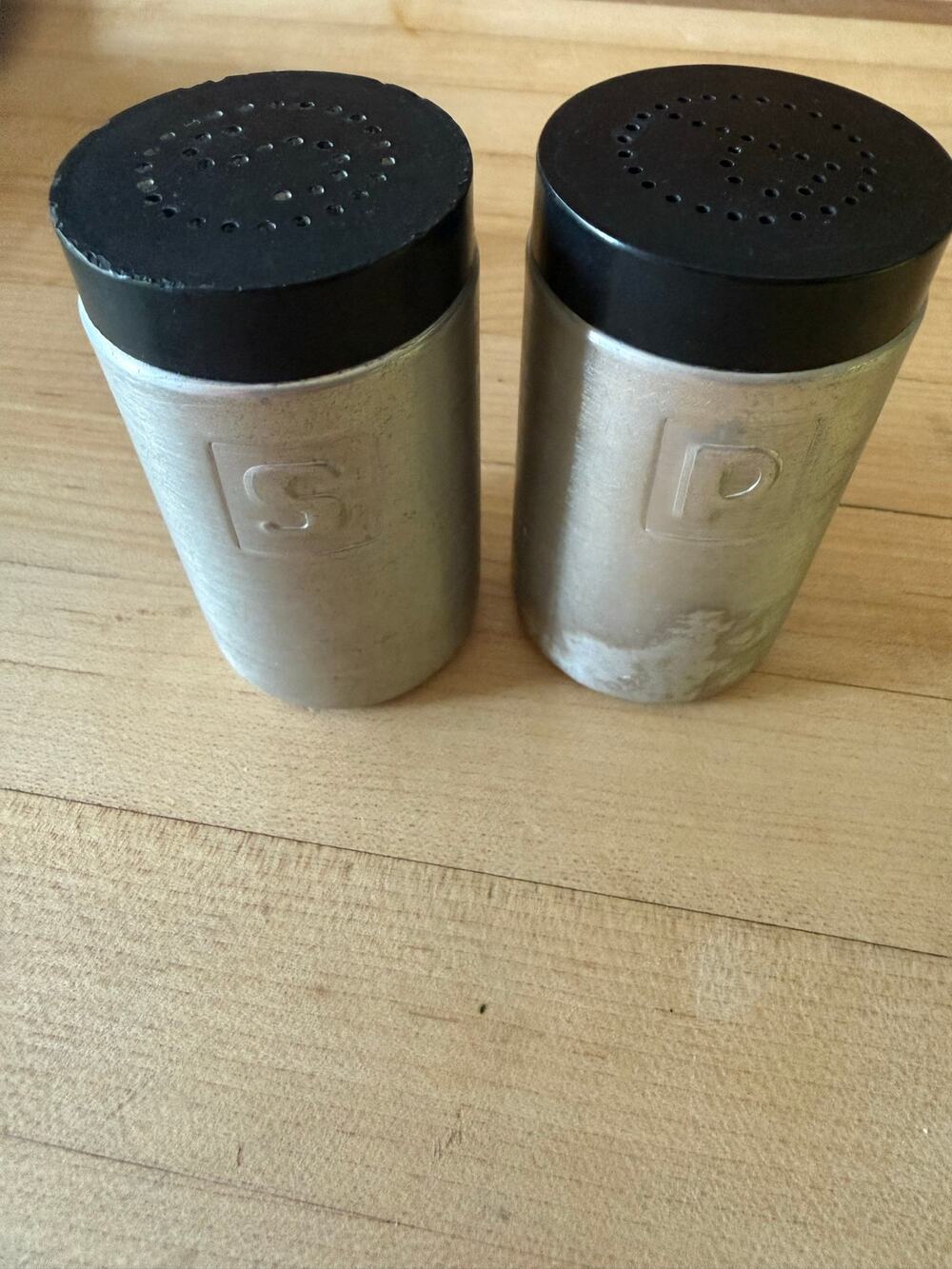 VTG 50s Spun Aluminum Retro Salt and Pepper Shakers Black Lid MCM Made in Italy